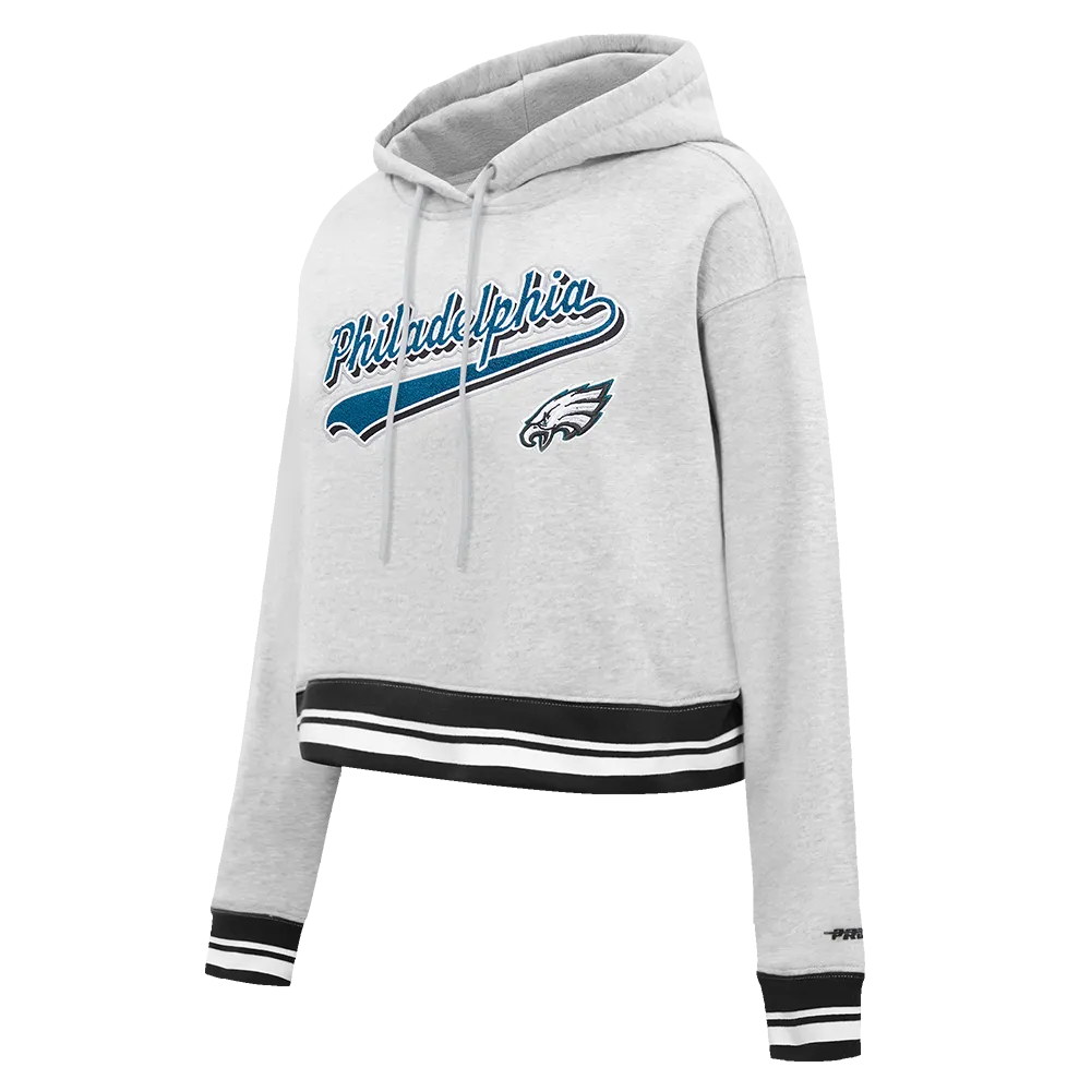 NFL PHILADELPHIA EAGLES SCRIPT TAIL WOMEN'S  RIB FLC CROPPED PO HOODIE (HEATHER GRAY/BLACK)