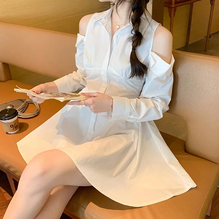 Off-The-Shoulder Waist Polo Collar Shirt Dress