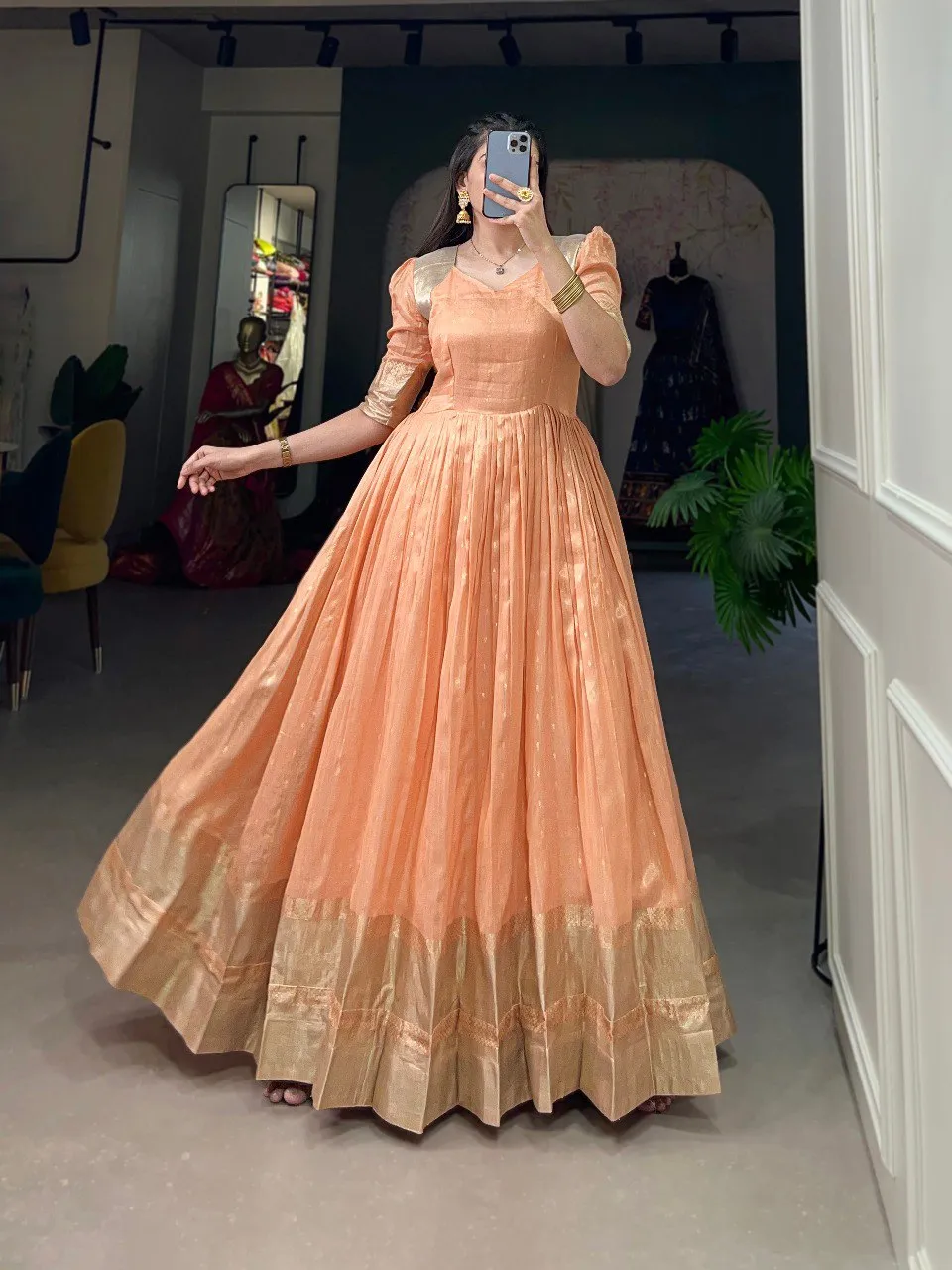 Orange Handwoven Khadi Organza Gown with Exquisite Zari Detailing