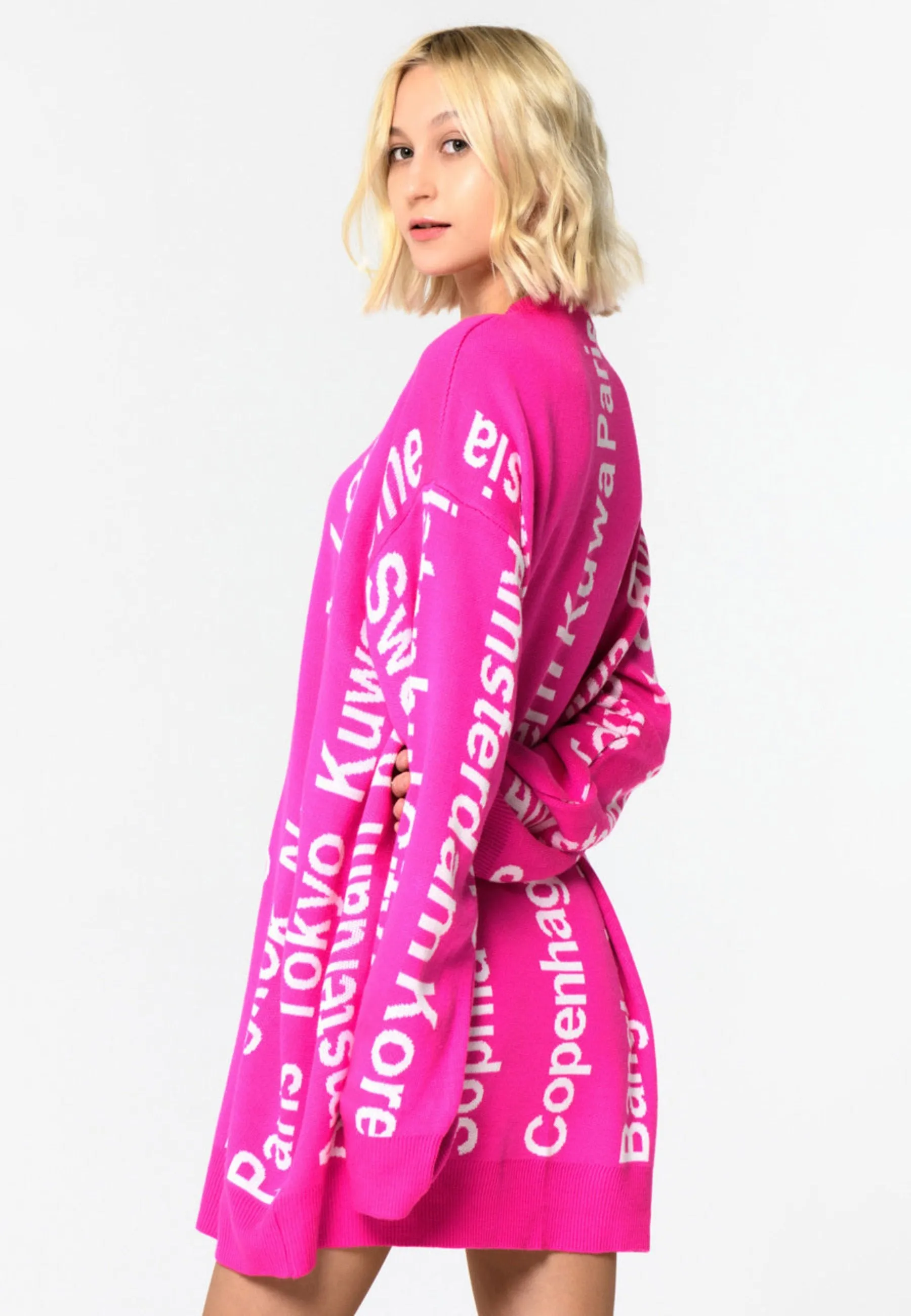 Oversized City Print Knit Sweater - Pink