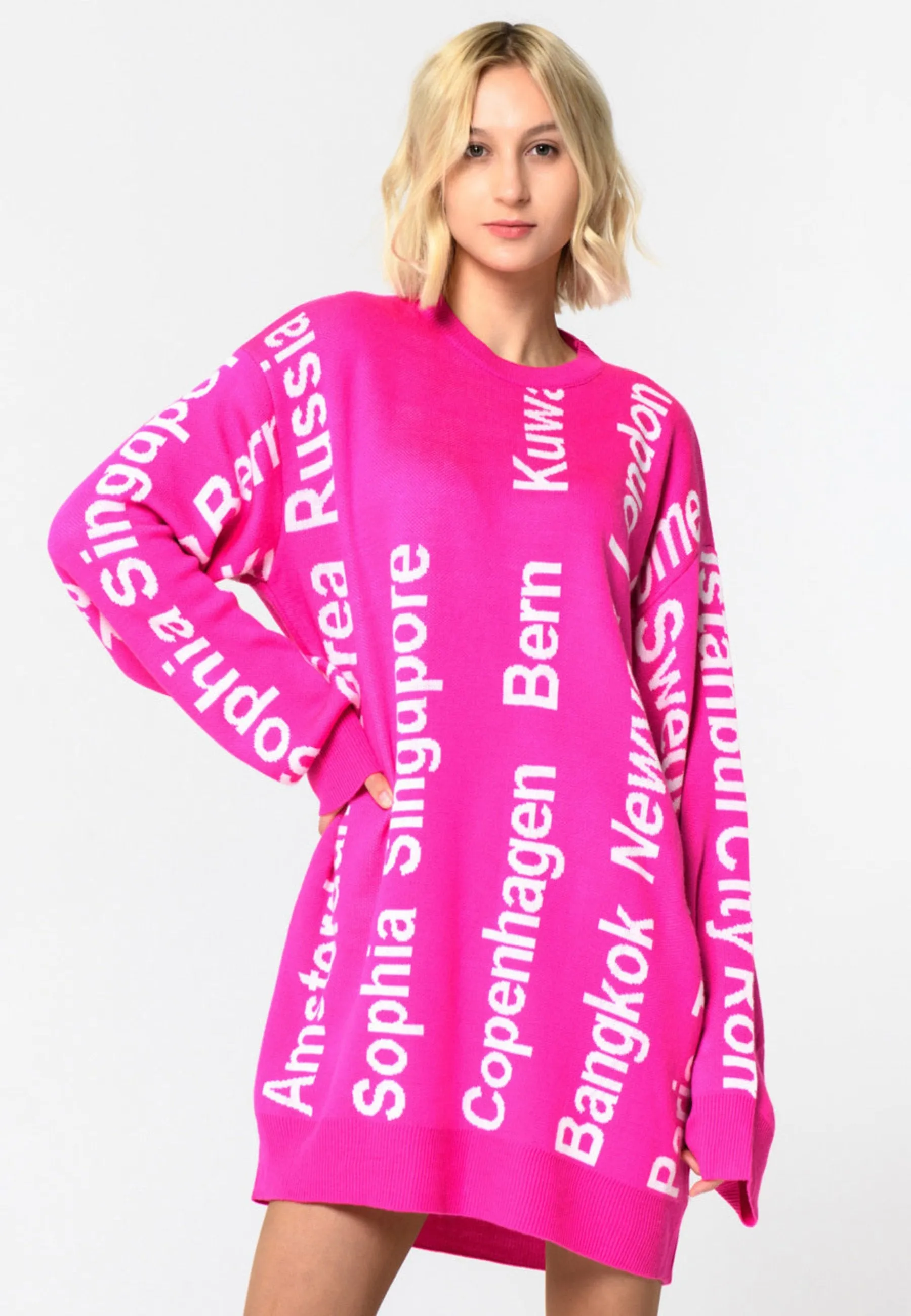 Oversized City Print Knit Sweater - Pink