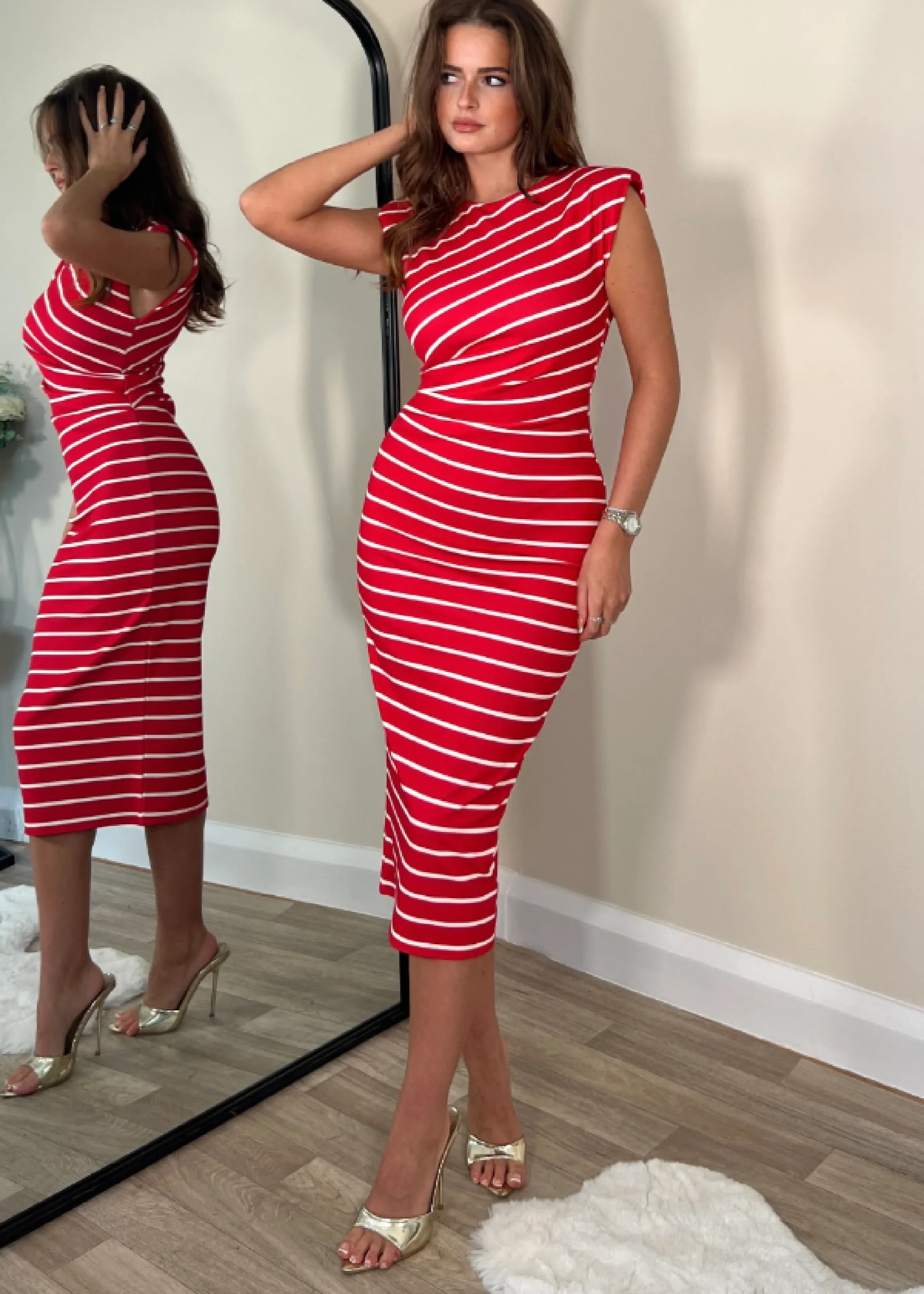 Pari Red Stripe Ruched Shoulder Pad Midi Dress