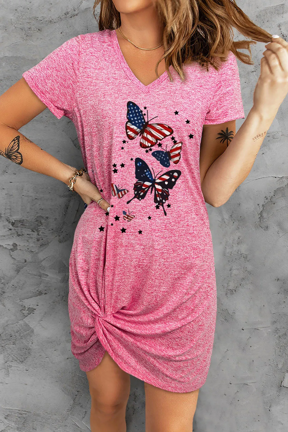 Patriotic Butterfly Graphic Side Knot V Neck Mini Dress