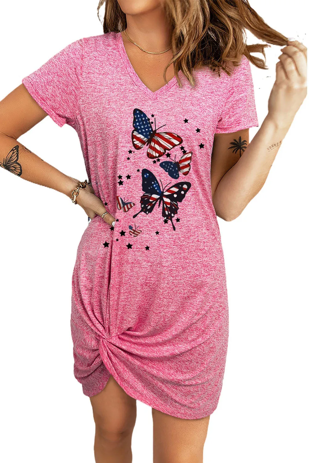 Patriotic Butterfly Graphic Side Knot V Neck Mini Dress