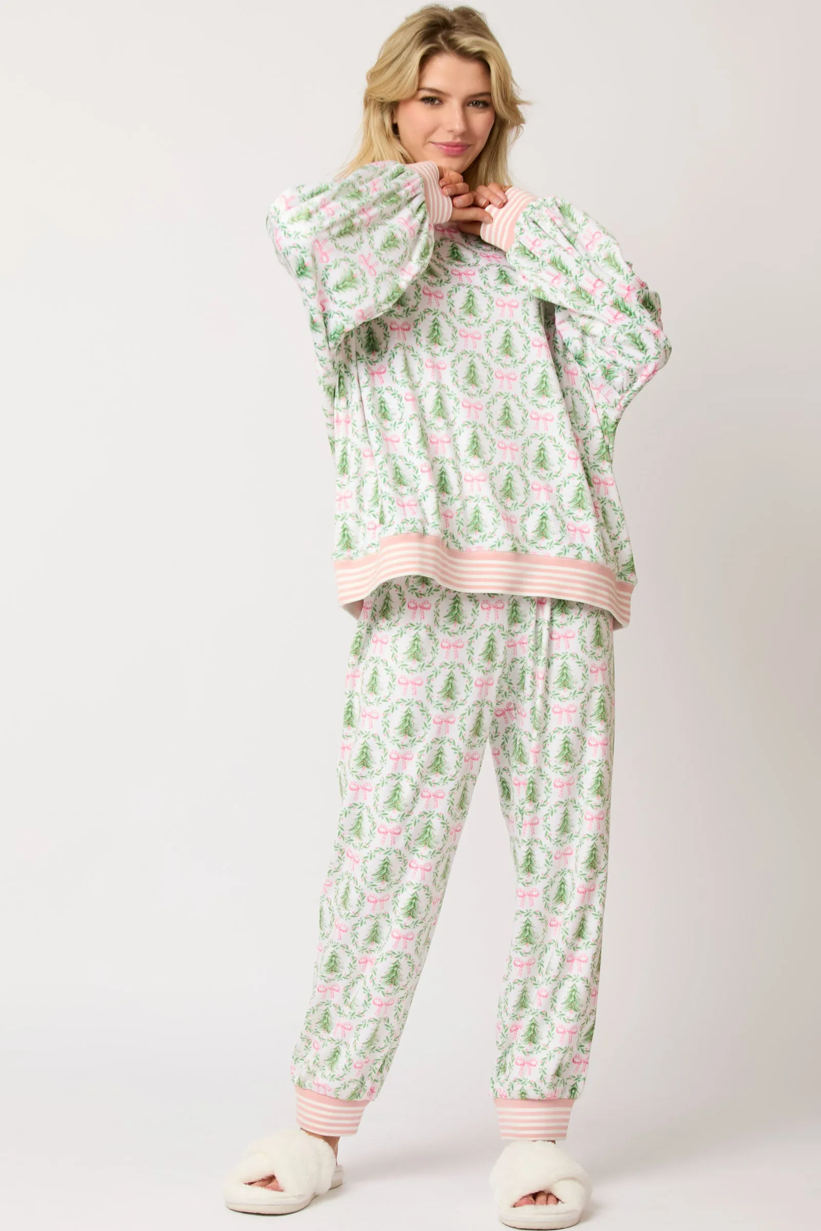 PE Soft Fleece Christmas Tree Bow Pajama Pants