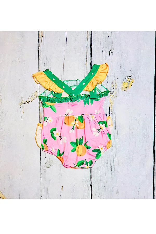 Pink & green w/peaches ruffle sleeveless baby romper XCH0999-5H