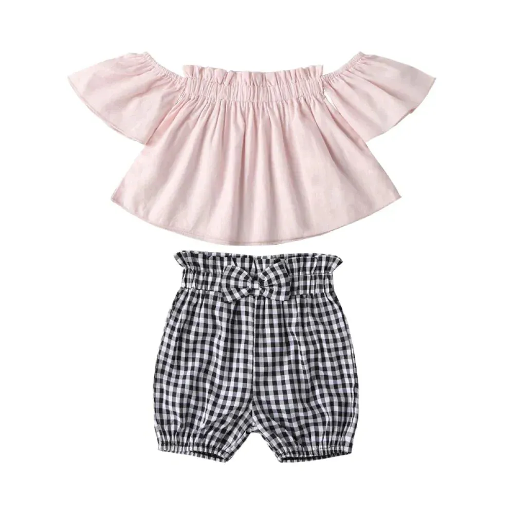 Pink Ruffle Checkered Short Set