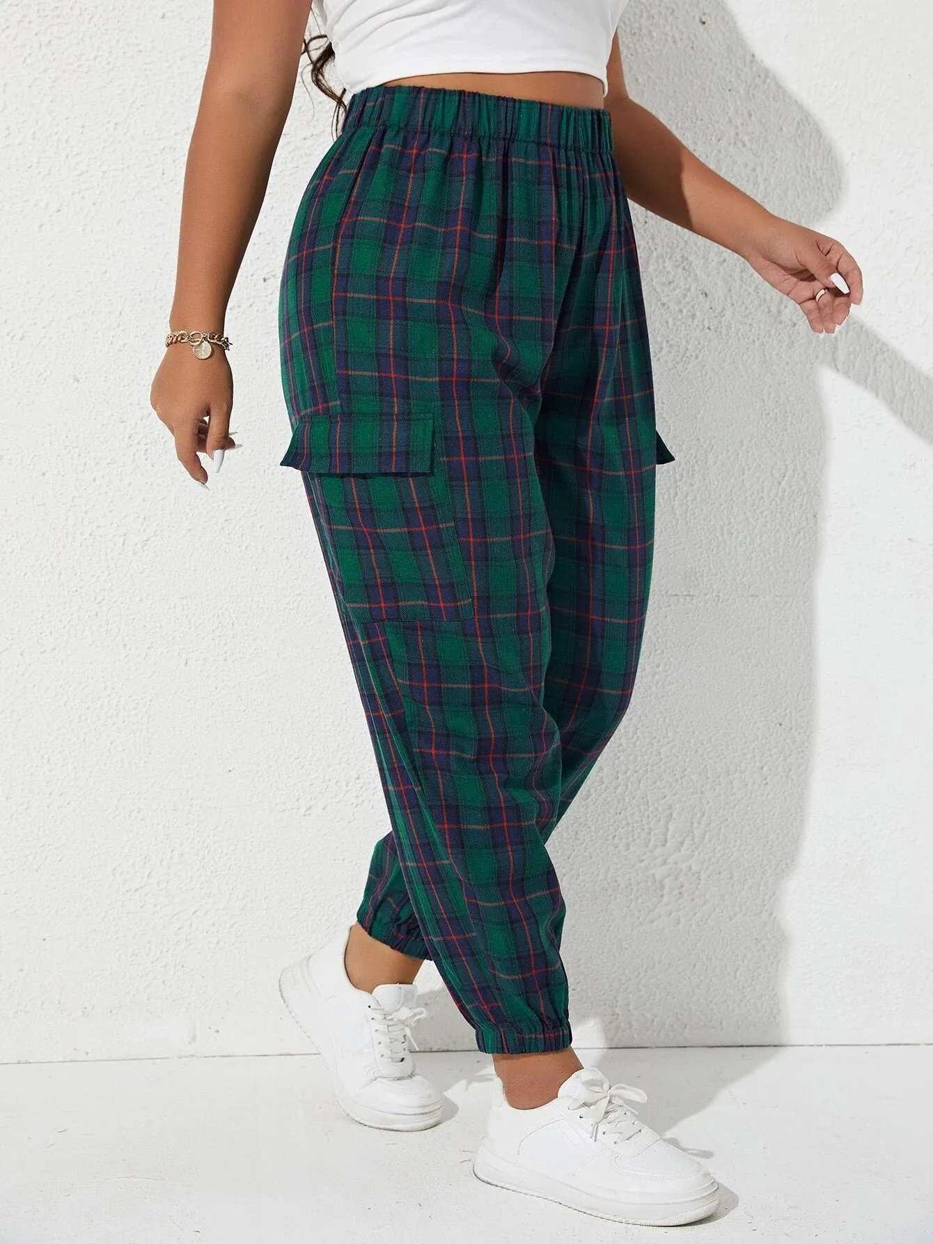 Plaid Print Flap Pocket Side Pants