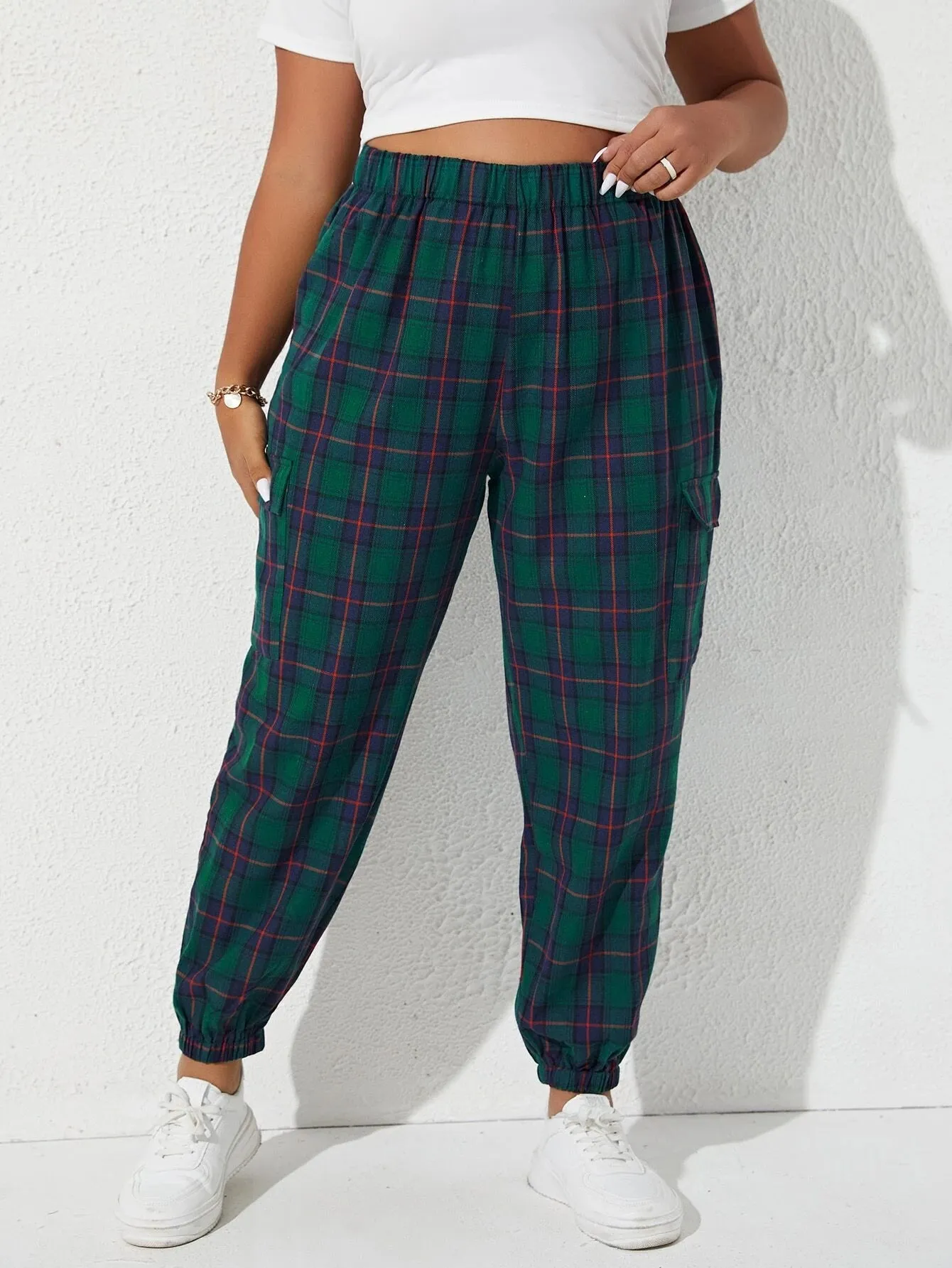 Plaid Print Flap Pocket Side Pants