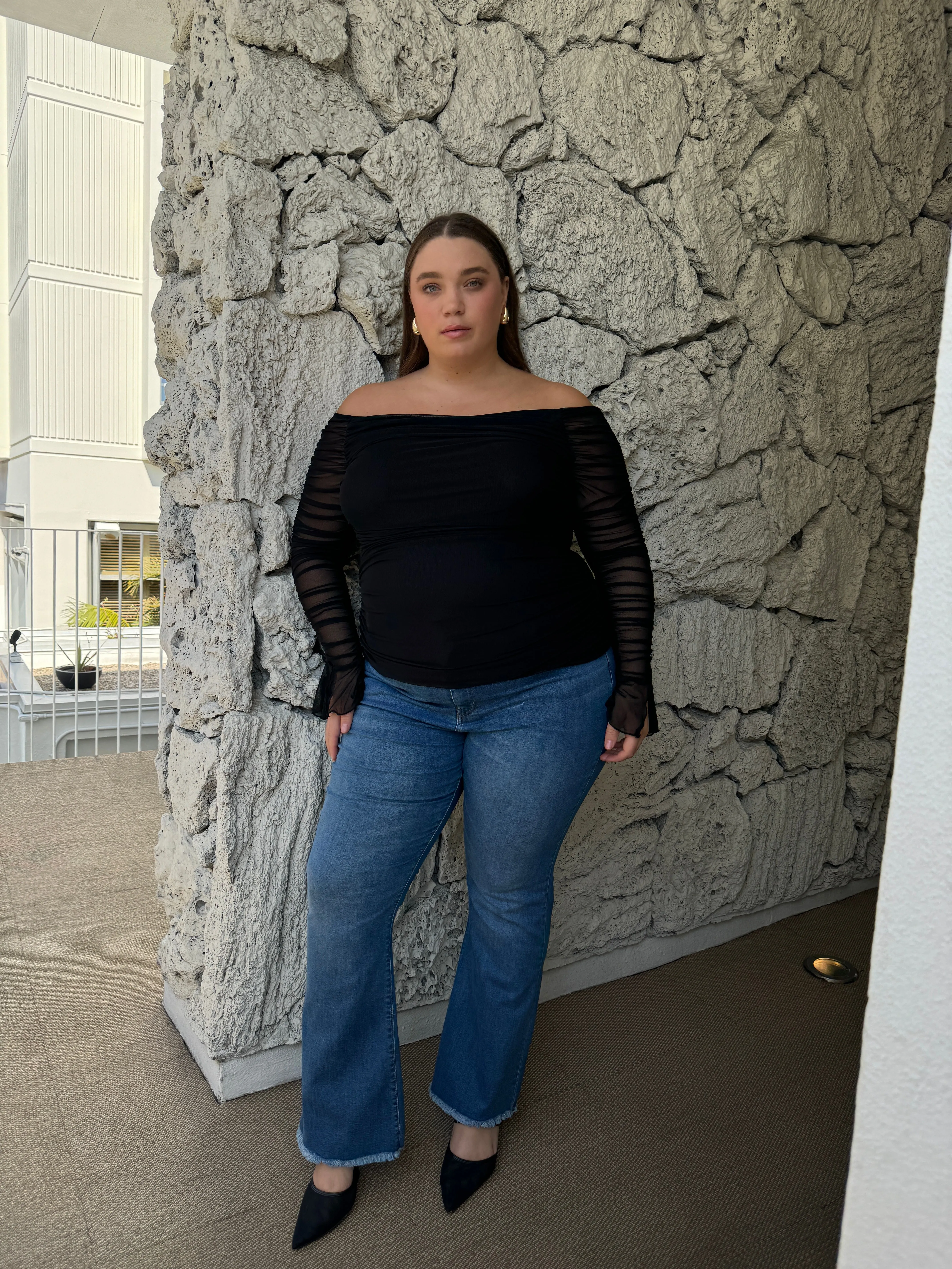 Plus Size Drapey Ruched Mesh Sleeve Top