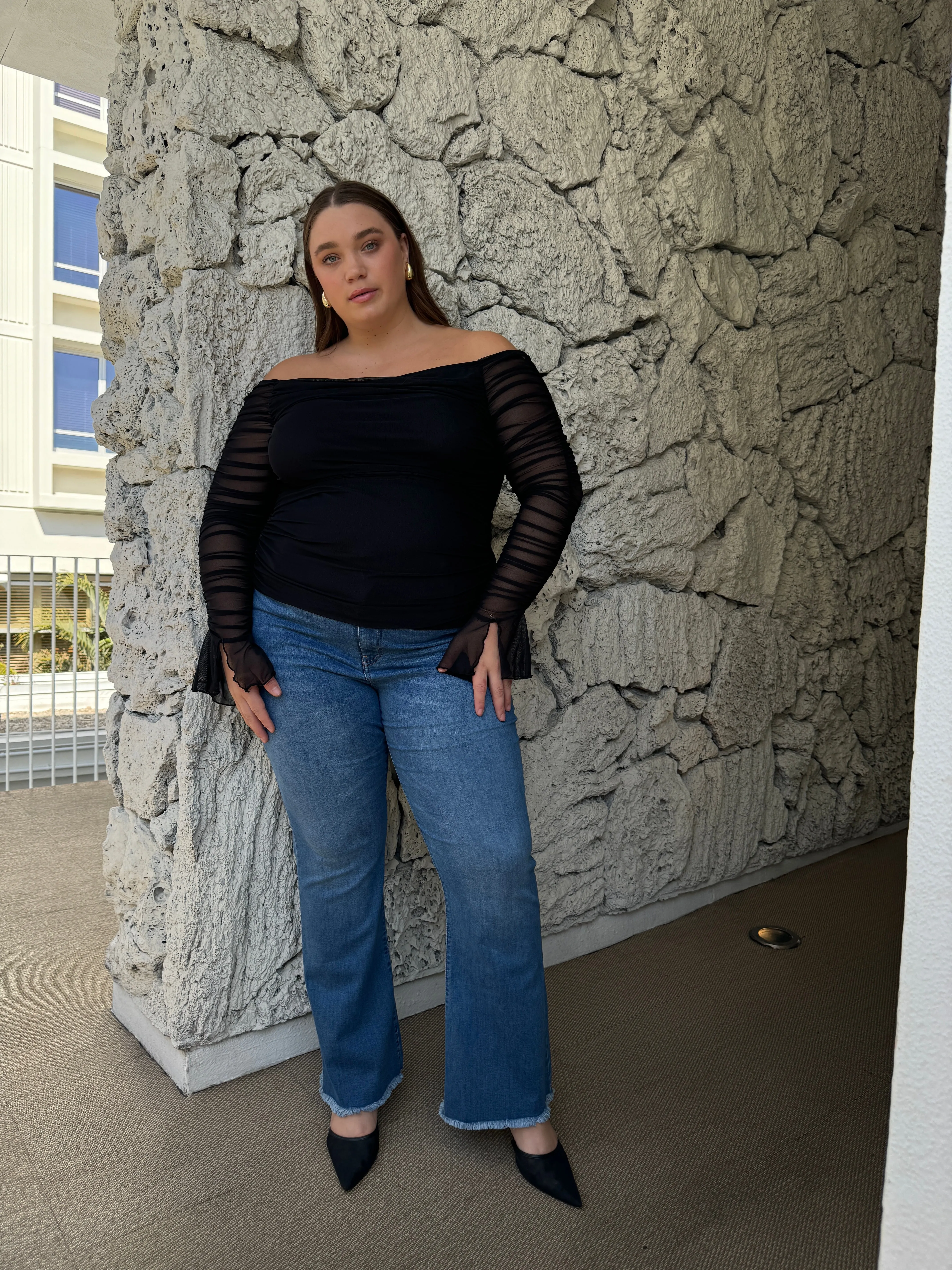 Plus Size Drapey Ruched Mesh Sleeve Top