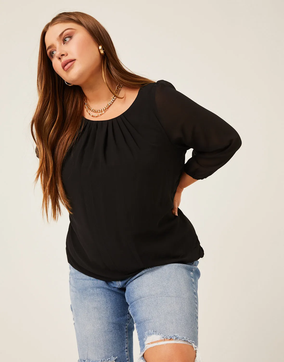 Plus Size Flowy Long Sleeve Chiffon Blouse