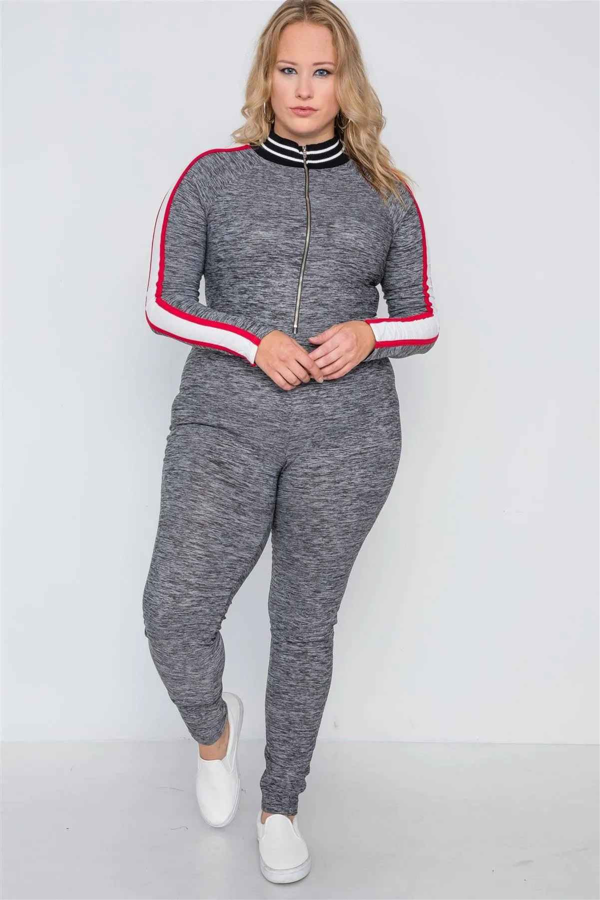 Plus Size Grey Heathered Colorblock Zipper Jumpsuit