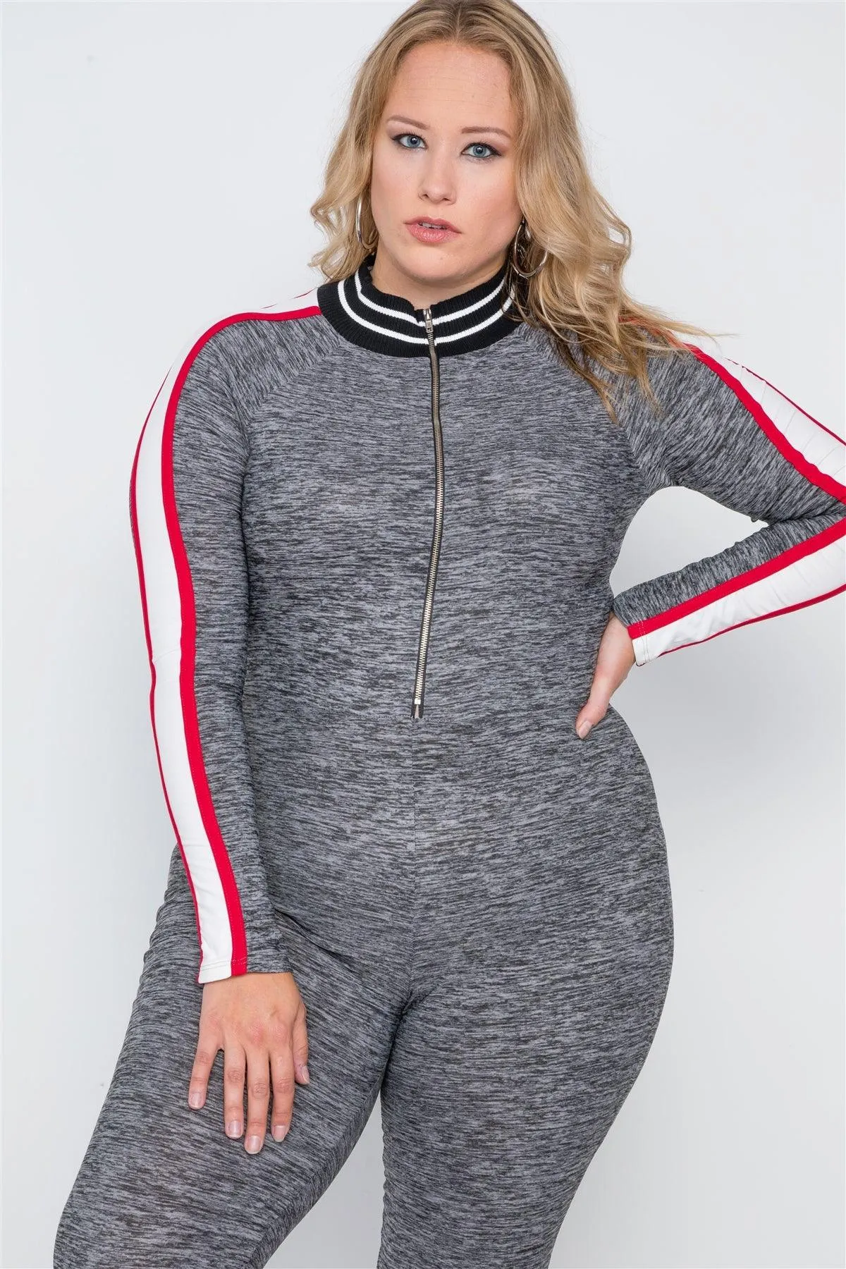 Plus Size Grey Heathered Colorblock Zipper Jumpsuit