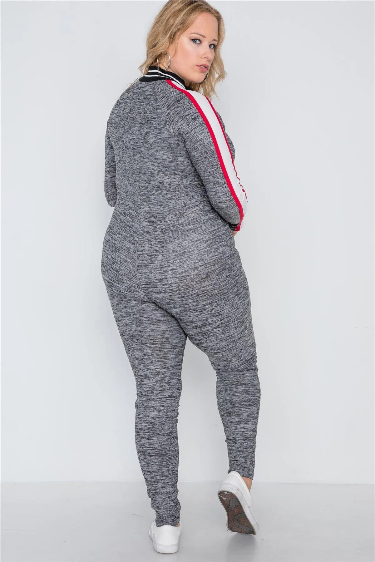 Plus Size Grey Heathered Colorblock Zipper Jumpsuit