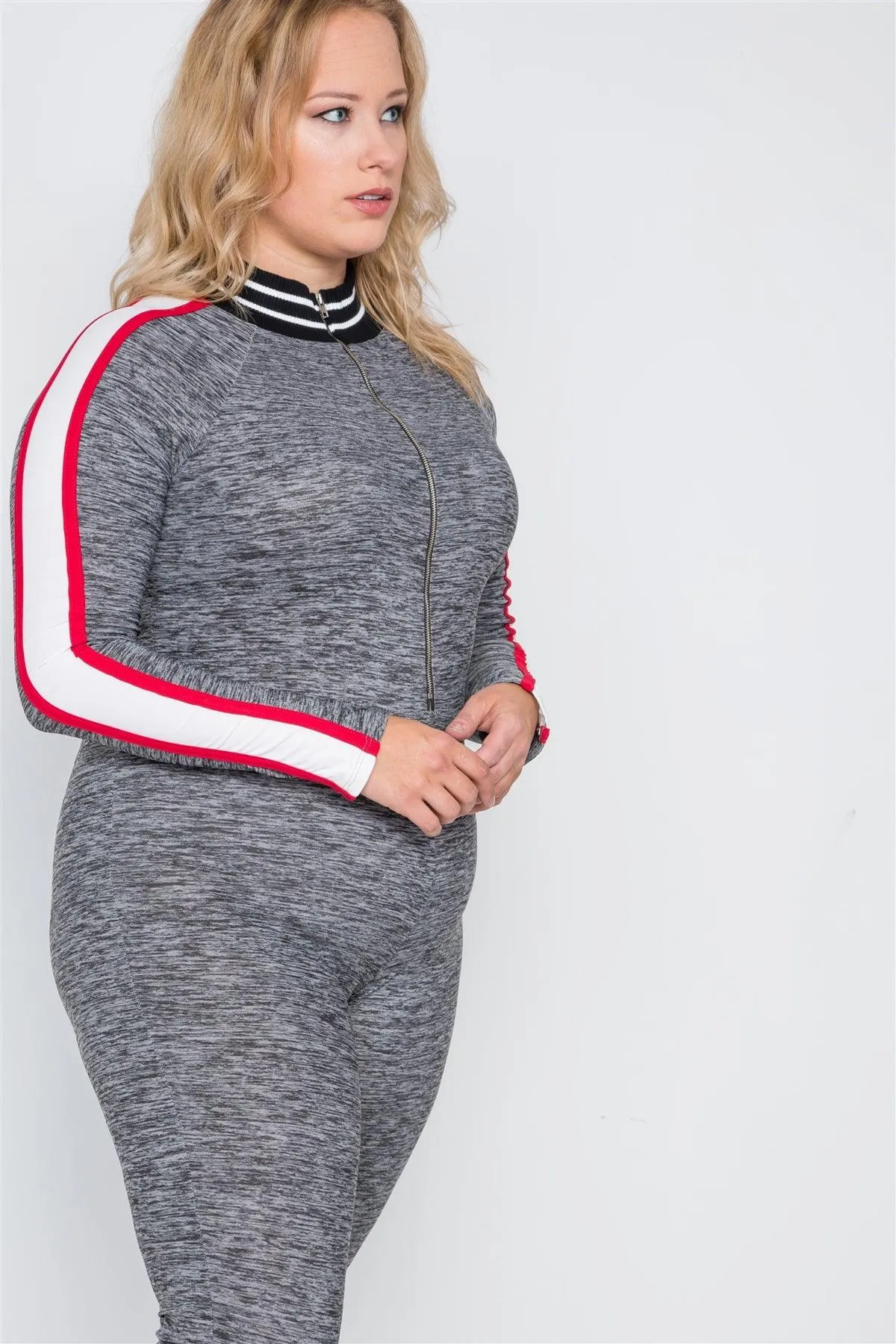 Plus Size Grey Heathered Colorblock Zipper Jumpsuit