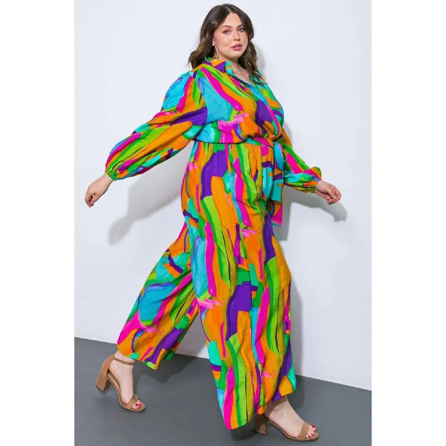 Plus Size Watercolor Printed Woven Jumpsuit | Green Pink Long Sleeve Overall Romper [Sizes 1X-3X]