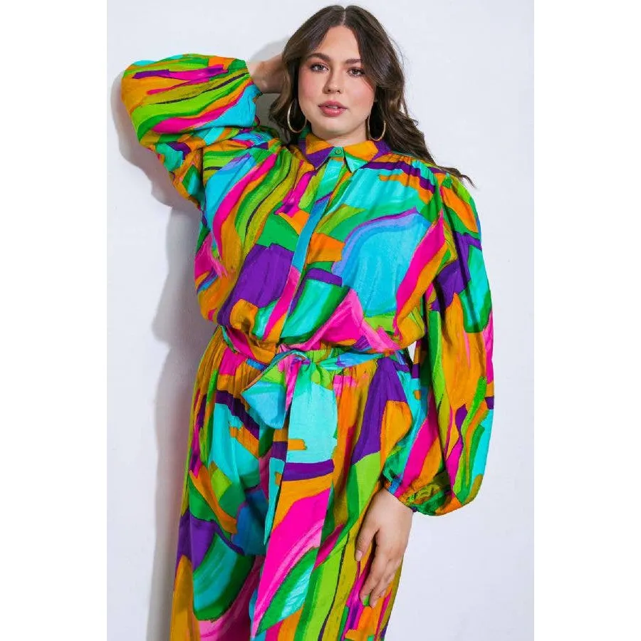 Plus Size Watercolor Printed Woven Jumpsuit | Green Pink Long Sleeve Overall Romper [Sizes 1X-3X]