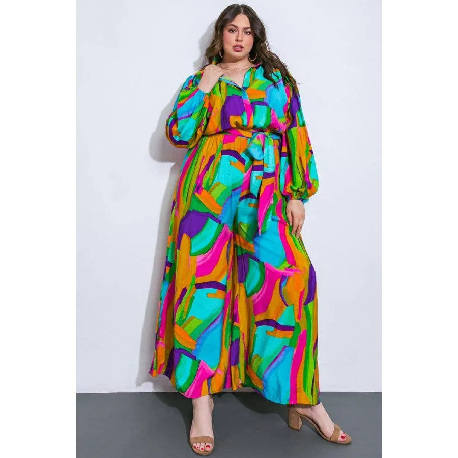 Plus Size Watercolor Printed Woven Jumpsuit | Green Pink Long Sleeve Overall Romper [Sizes 1X-3X]