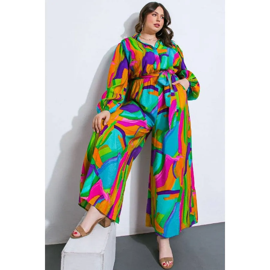 Plus Size Watercolor Printed Woven Jumpsuit | Green Pink Long Sleeve Overall Romper [Sizes 1X-3X]