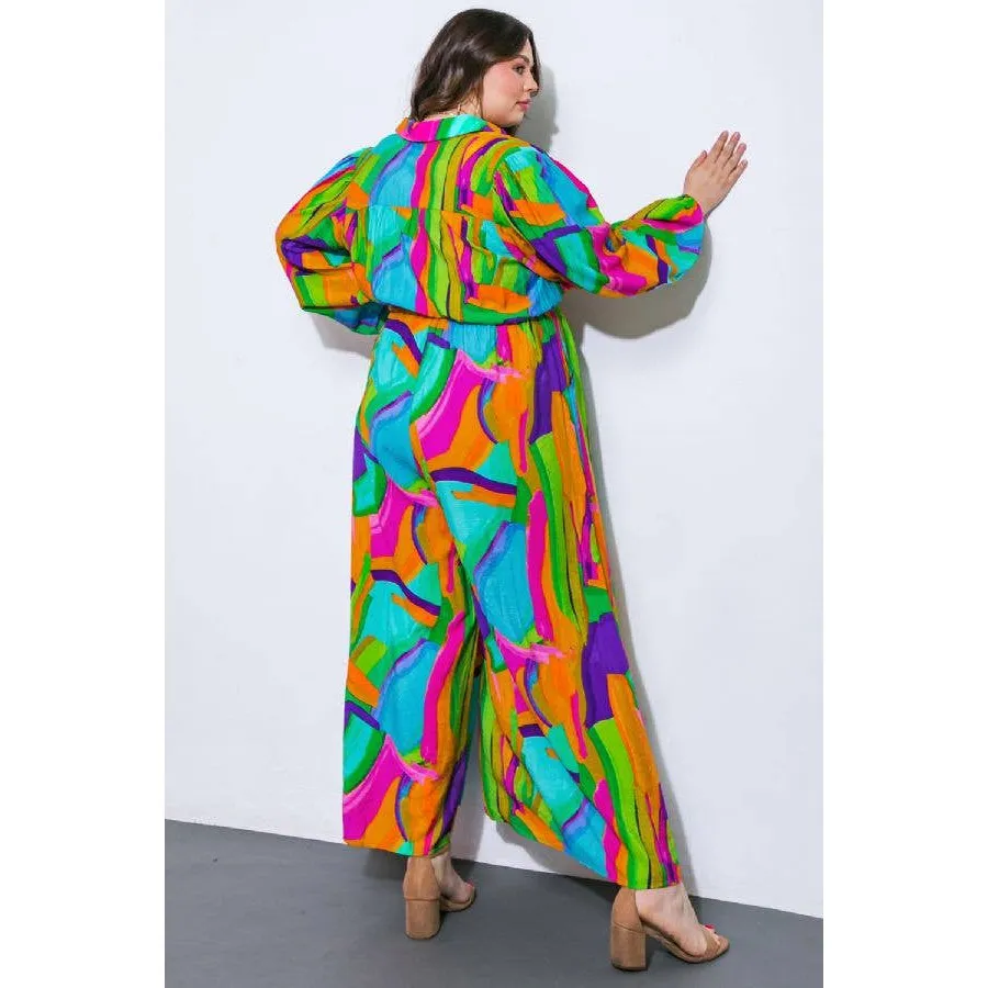 Plus Size Watercolor Printed Woven Jumpsuit | Green Pink Long Sleeve Overall Romper [Sizes 1X-3X]