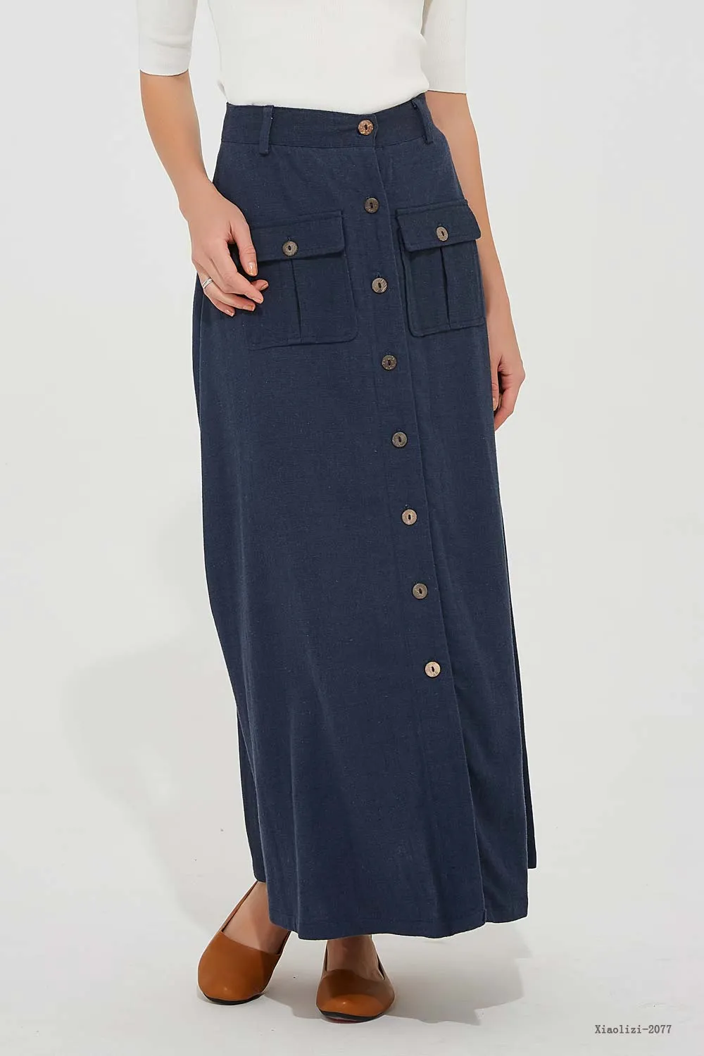 pockets blue linen skirt, long linen skirt for women 2077