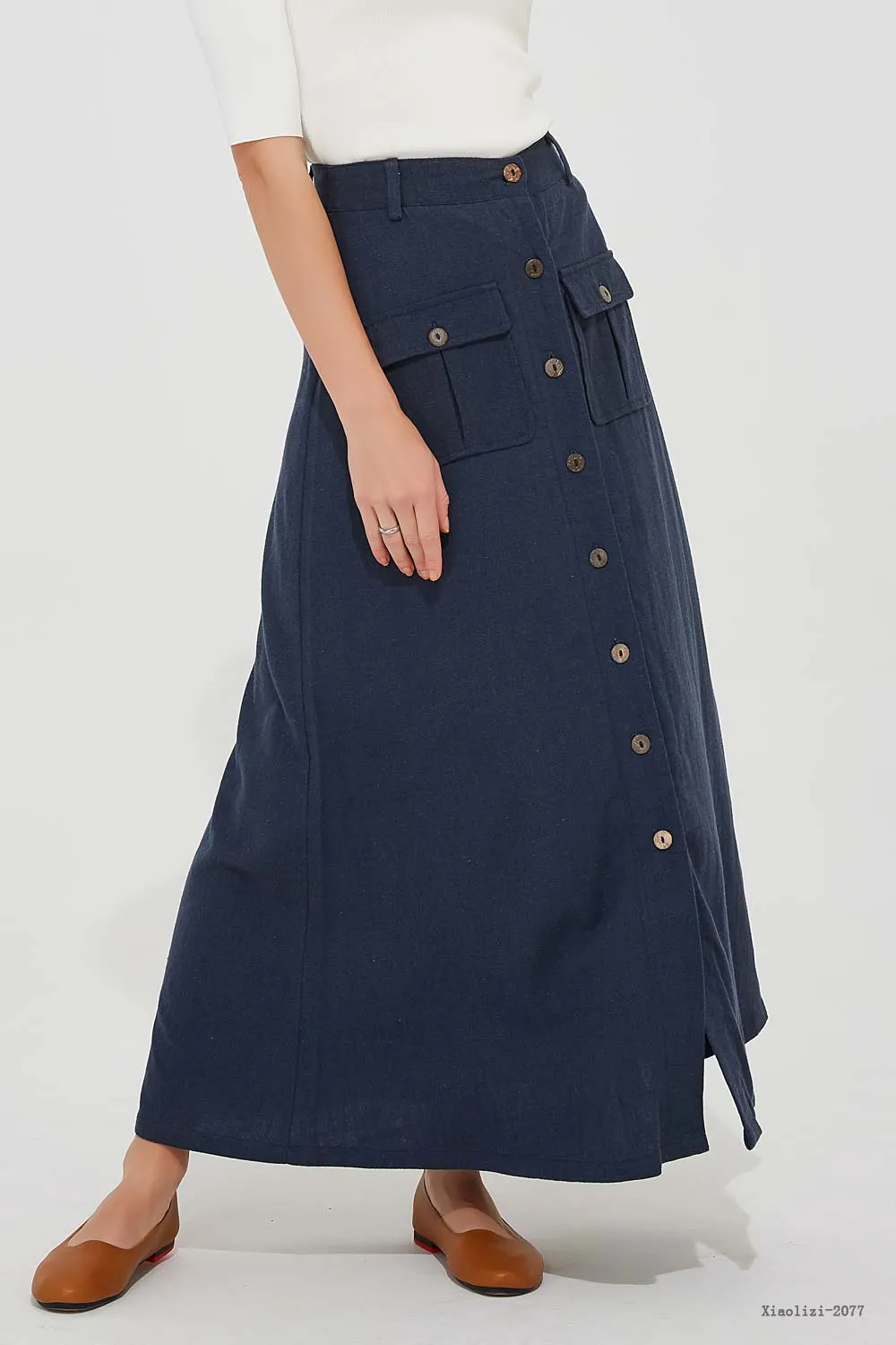 pockets blue linen skirt, long linen skirt for women 2077