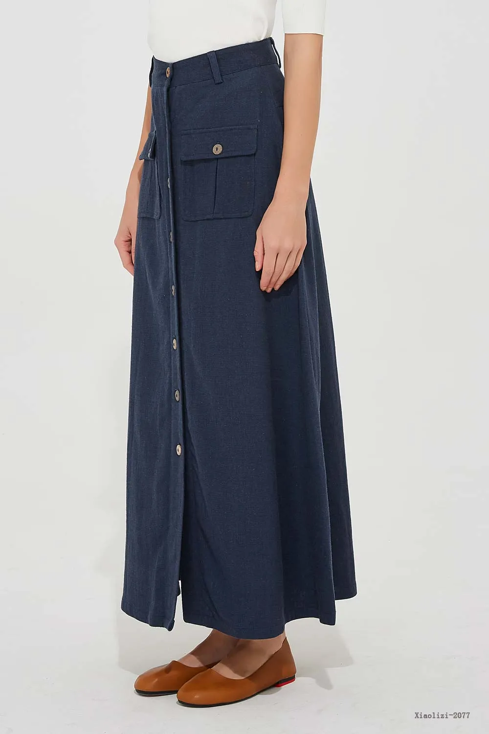 pockets blue linen skirt, long linen skirt for women 2077