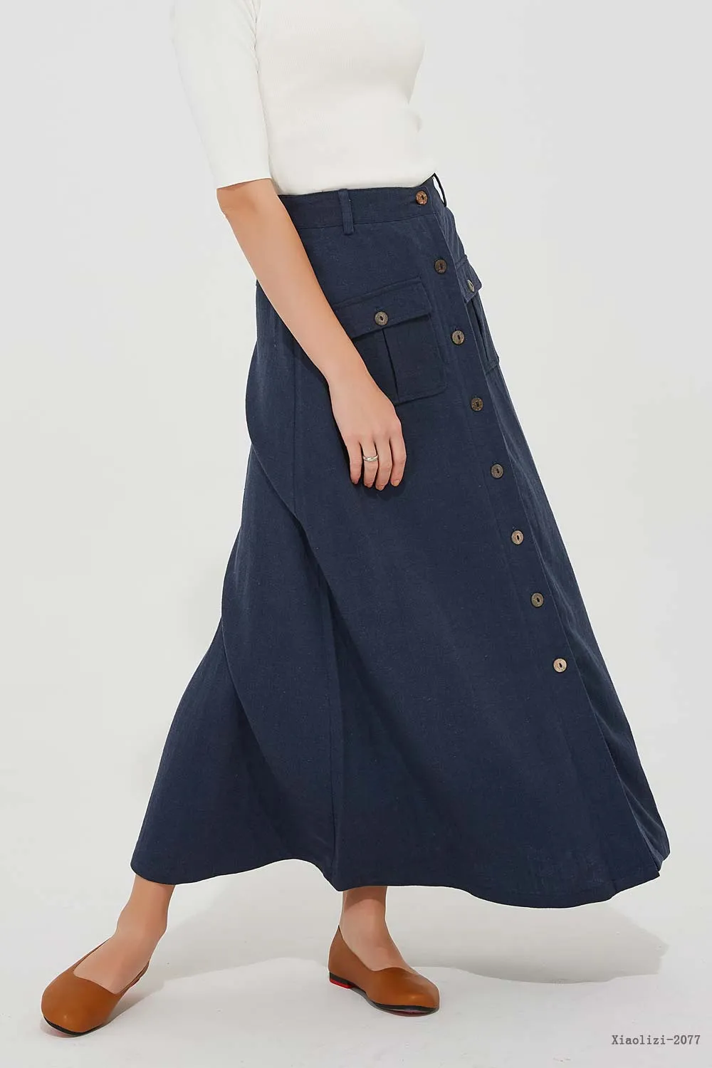 pockets blue linen skirt, long linen skirt for women 2077