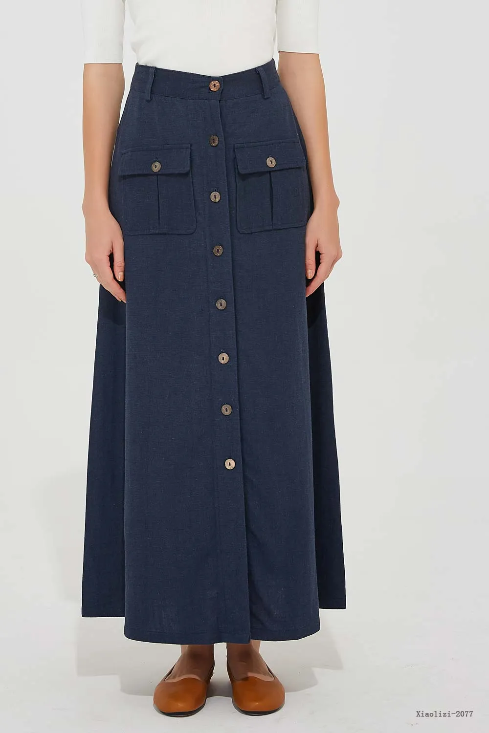 pockets blue linen skirt, long linen skirt for women 2077