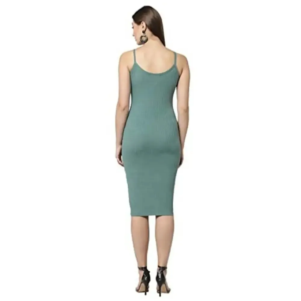 POPWINGS Pastel Green Rib Bodycorn Calf Length Dress