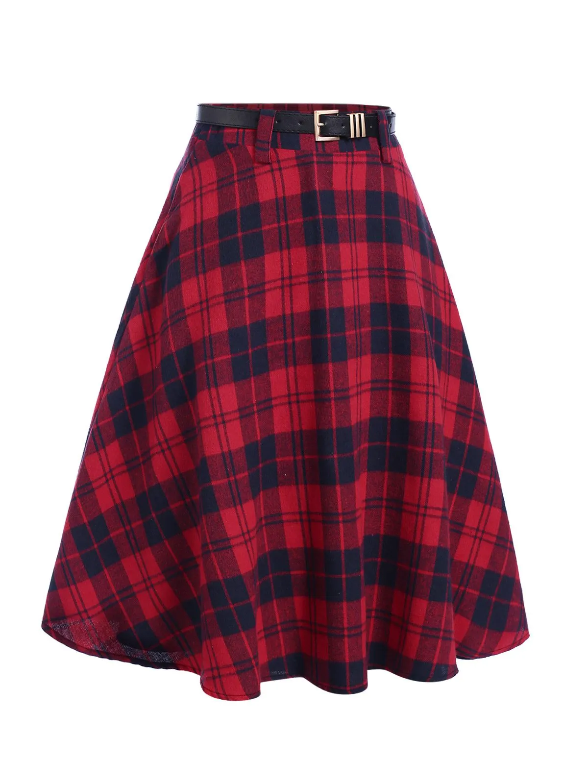 Red 1940s Plaid Belted A-Line Skirt