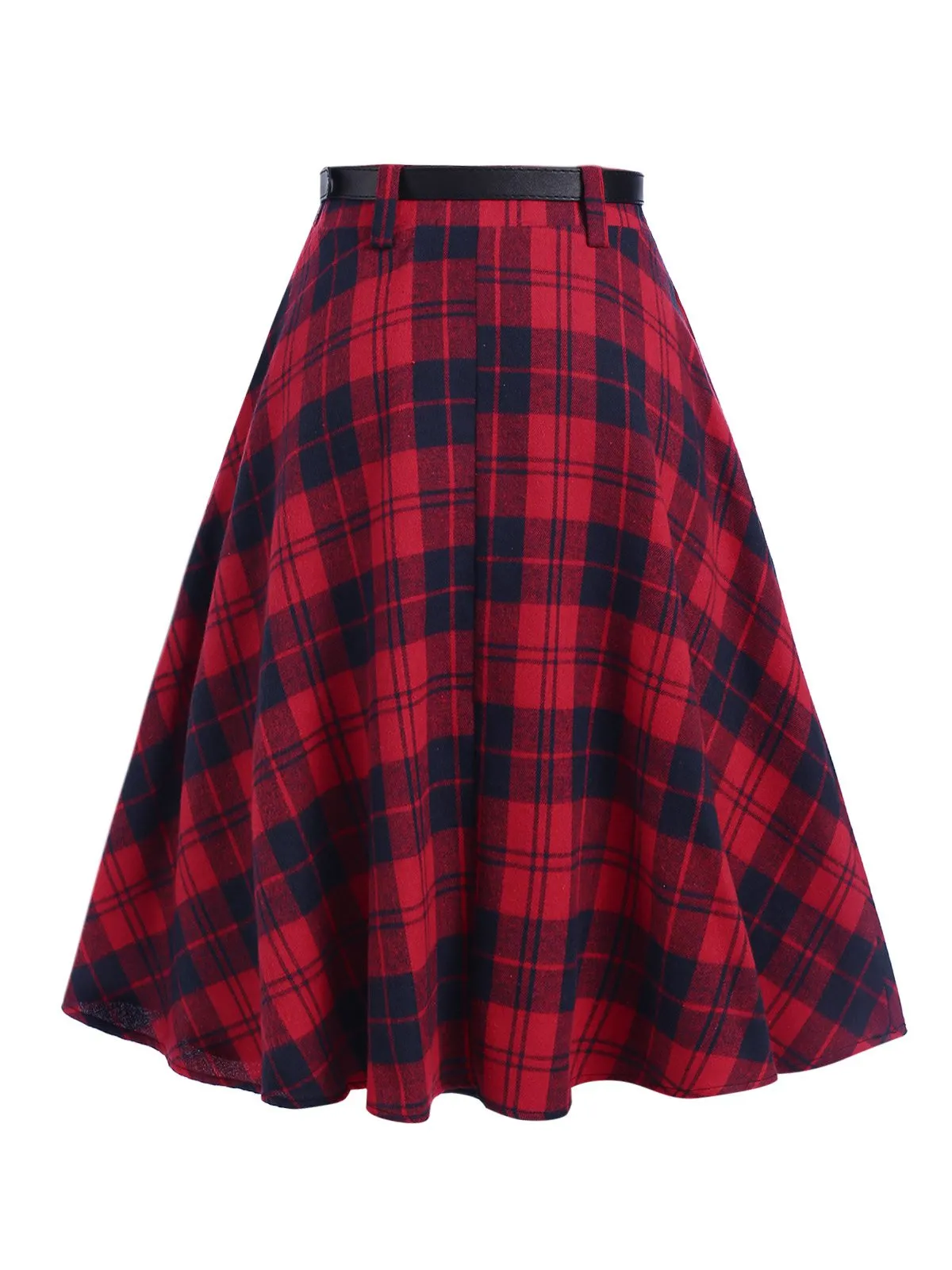 Red 1940s Plaid Belted A-Line Skirt