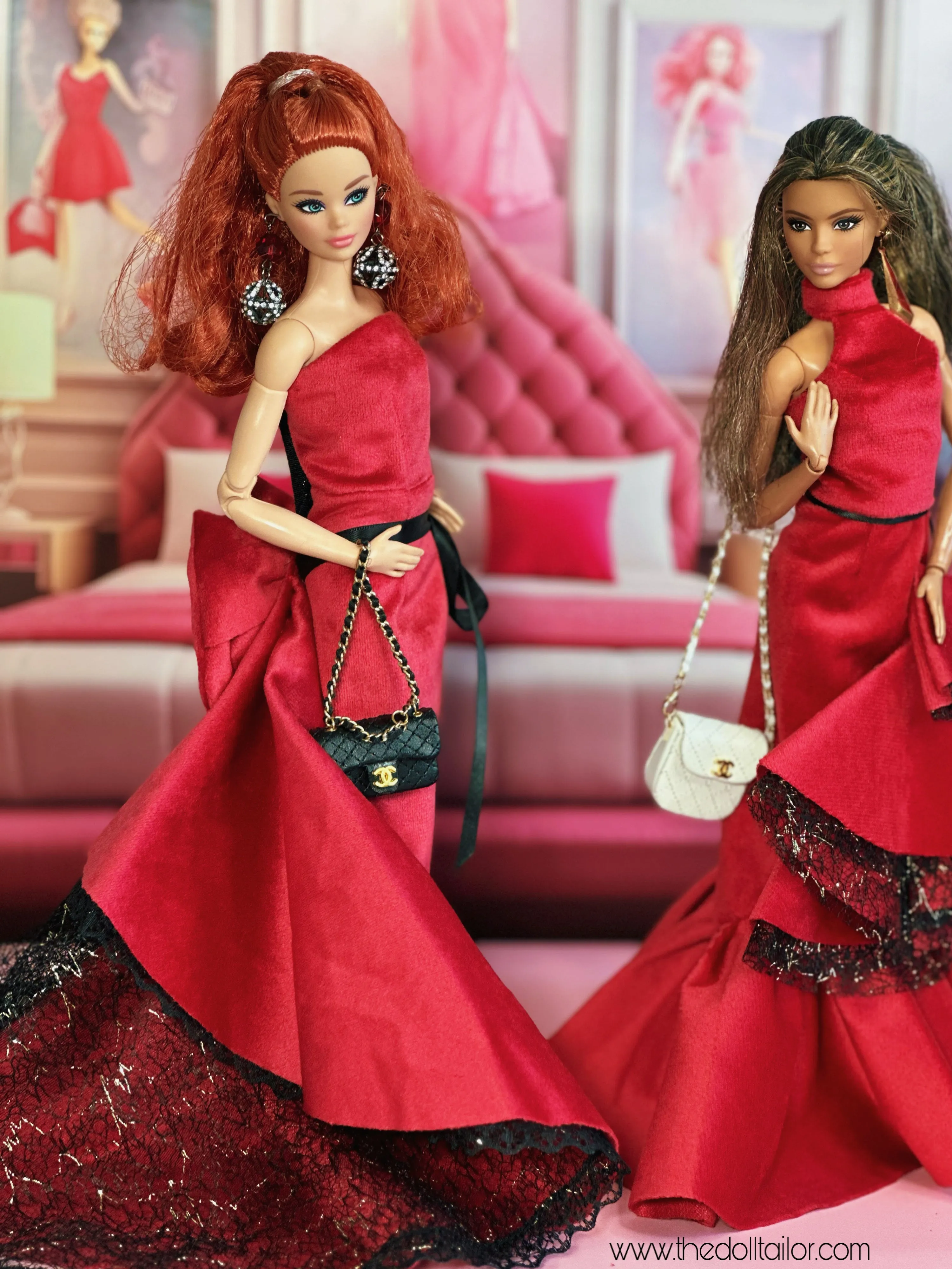 Red wedding dress velvet gown for Barbie doll