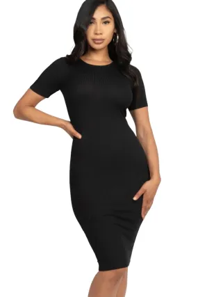 Ribbed Bodycon Midi Dress - Black