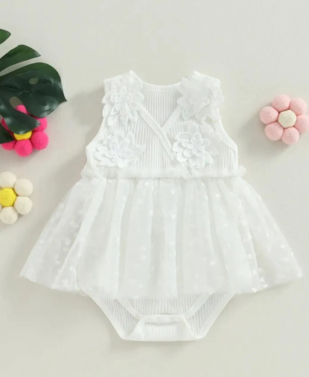 Ribbed White Lace Romper with Romantic Tulle Tutu #1001169