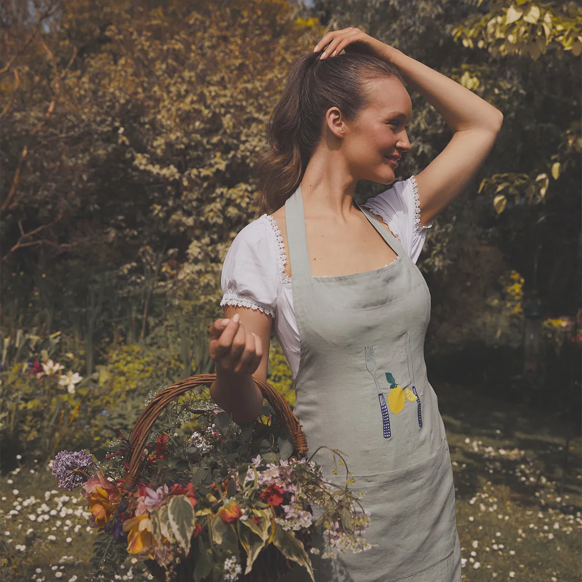 Sage Green Embroidered Linen Apron