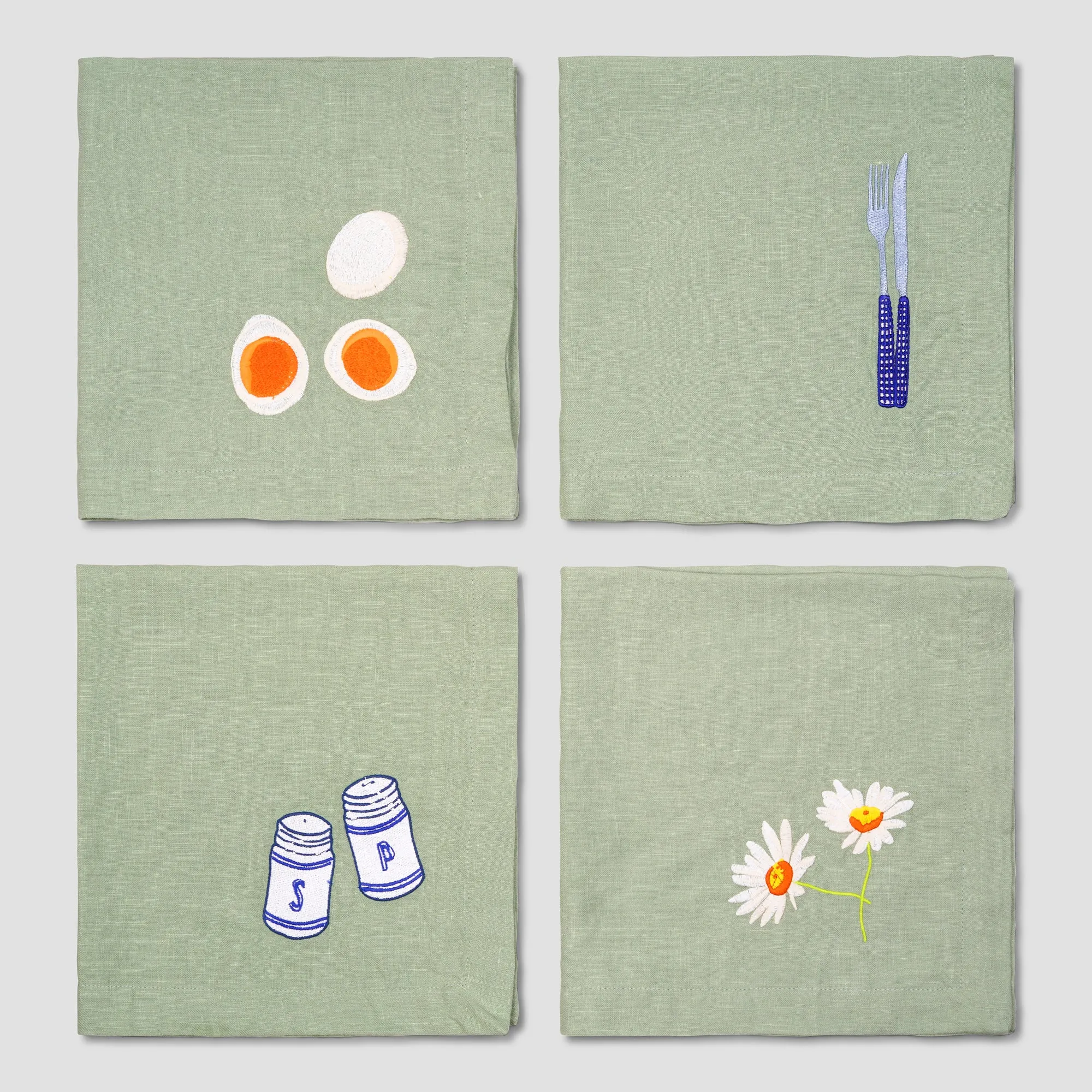 Sage Green Embroidered Linen Napkins Set of 4