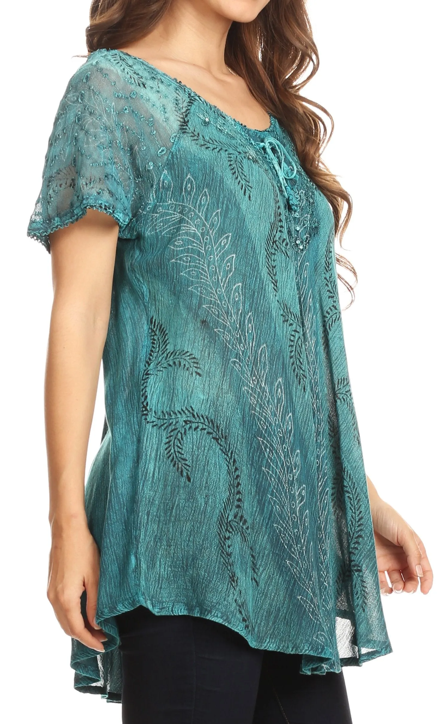 Sakkas Amanda Flowy Summer Casual Blouse Top Stonewashed with Embroidery & Corset