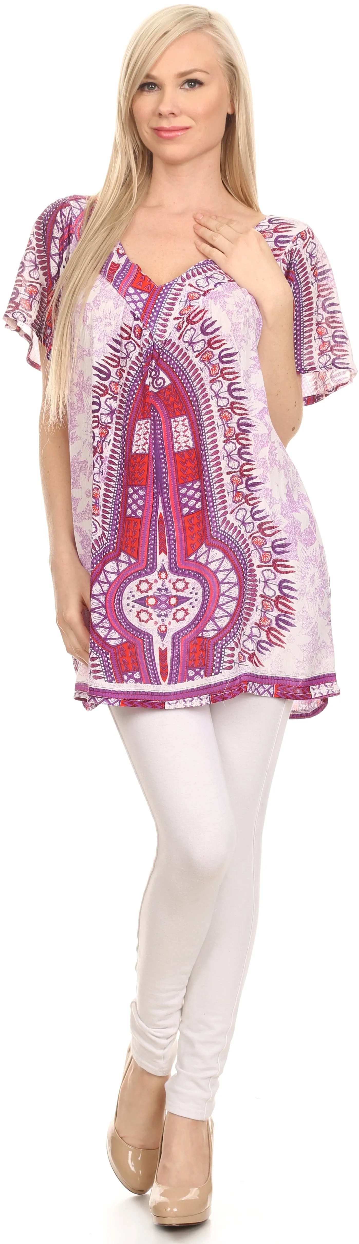 Sakkas Brinks Caftan Cap Sleeve Blouse Top Cover Up With Tribal And Floral Print