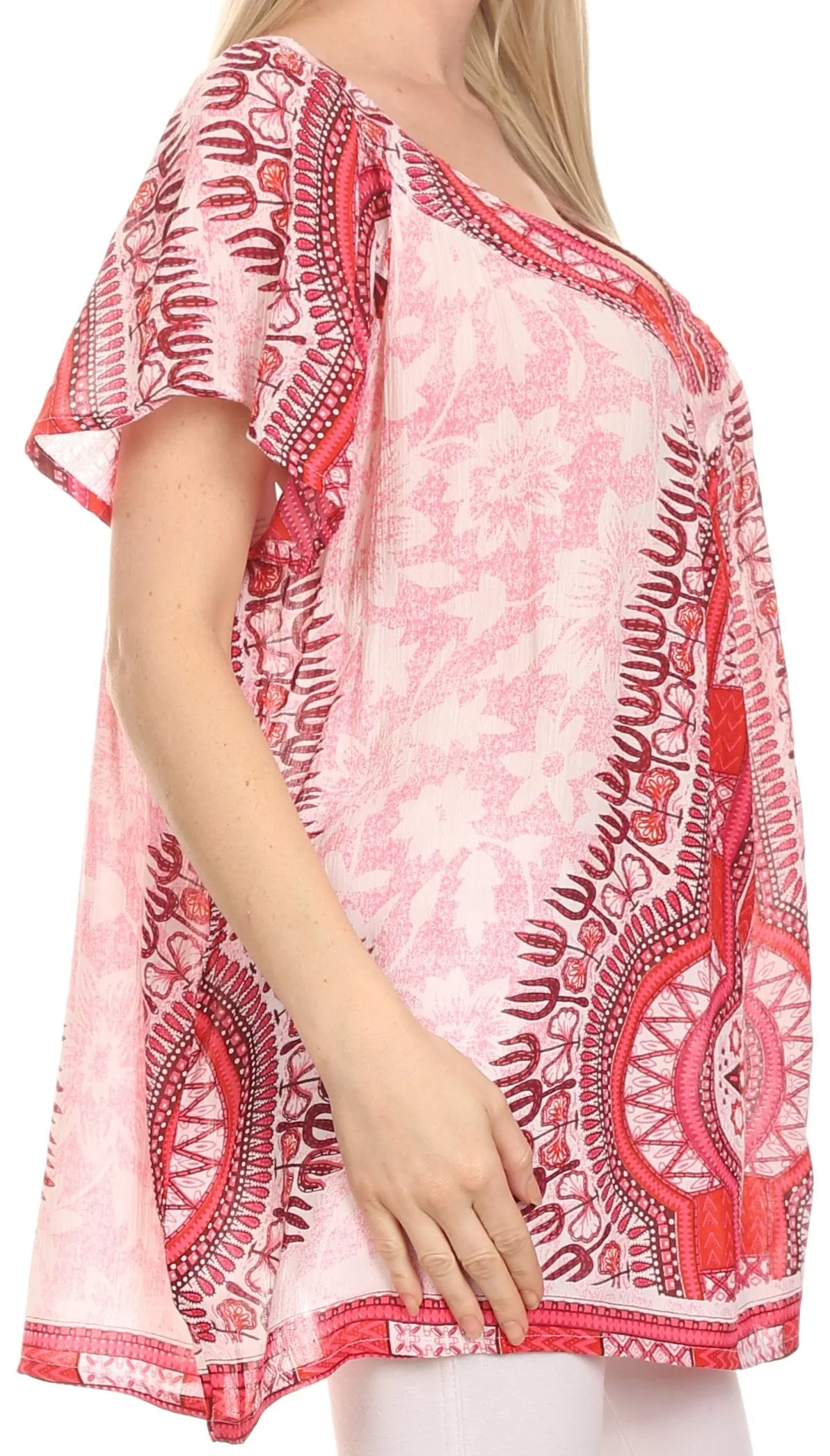 Sakkas Brinks Caftan Cap Sleeve Blouse Top Cover Up With Tribal And Floral Print