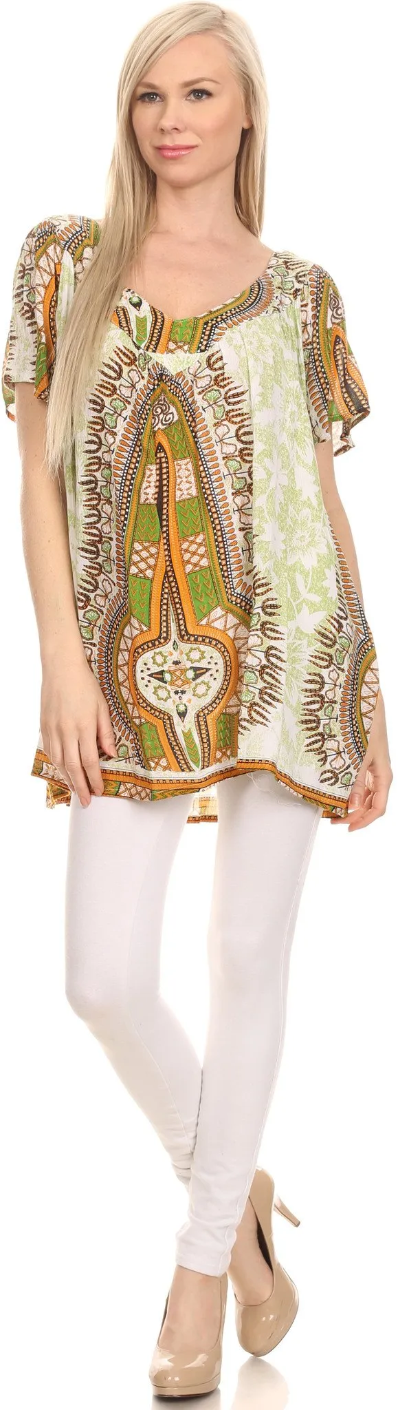 Sakkas Brinks Caftan Cap Sleeve Blouse Top Cover Up With Tribal And Floral Print