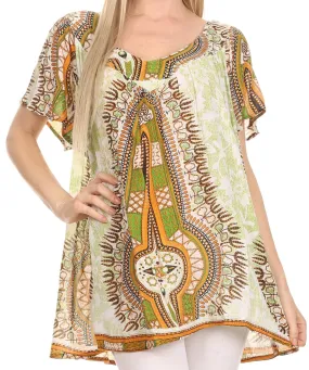 Sakkas Brinks Caftan Cap Sleeve Blouse Top Cover Up With Tribal And Floral Print