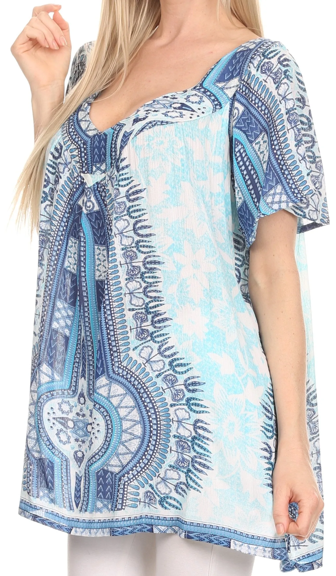 Sakkas Brinks Caftan Cap Sleeve Blouse Top Cover Up With Tribal And Floral Print