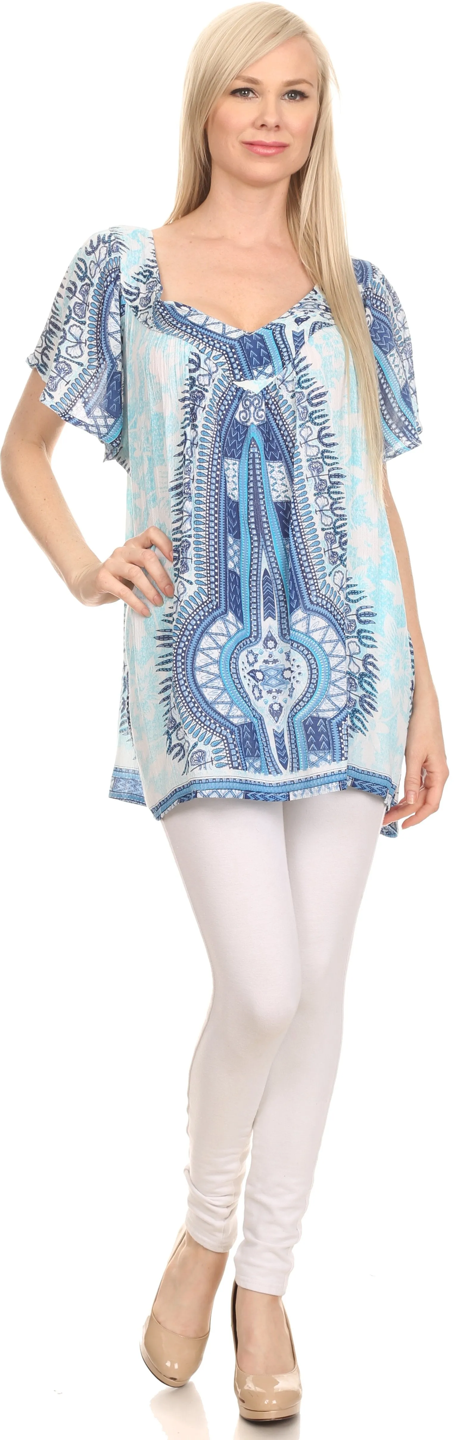 Sakkas Brinks Caftan Cap Sleeve Blouse Top Cover Up With Tribal And Floral Print