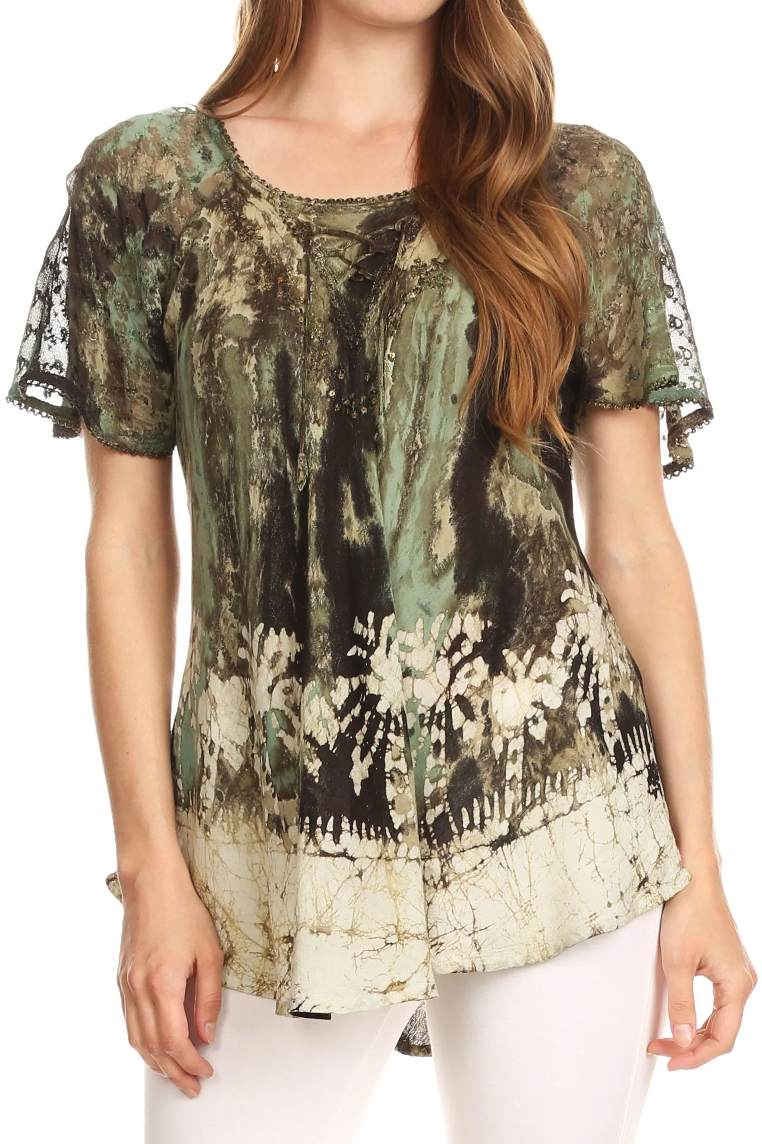 Sakkas Celia Marble Batik Short Sleeve Blouse/Top with Embroidery and Crochet