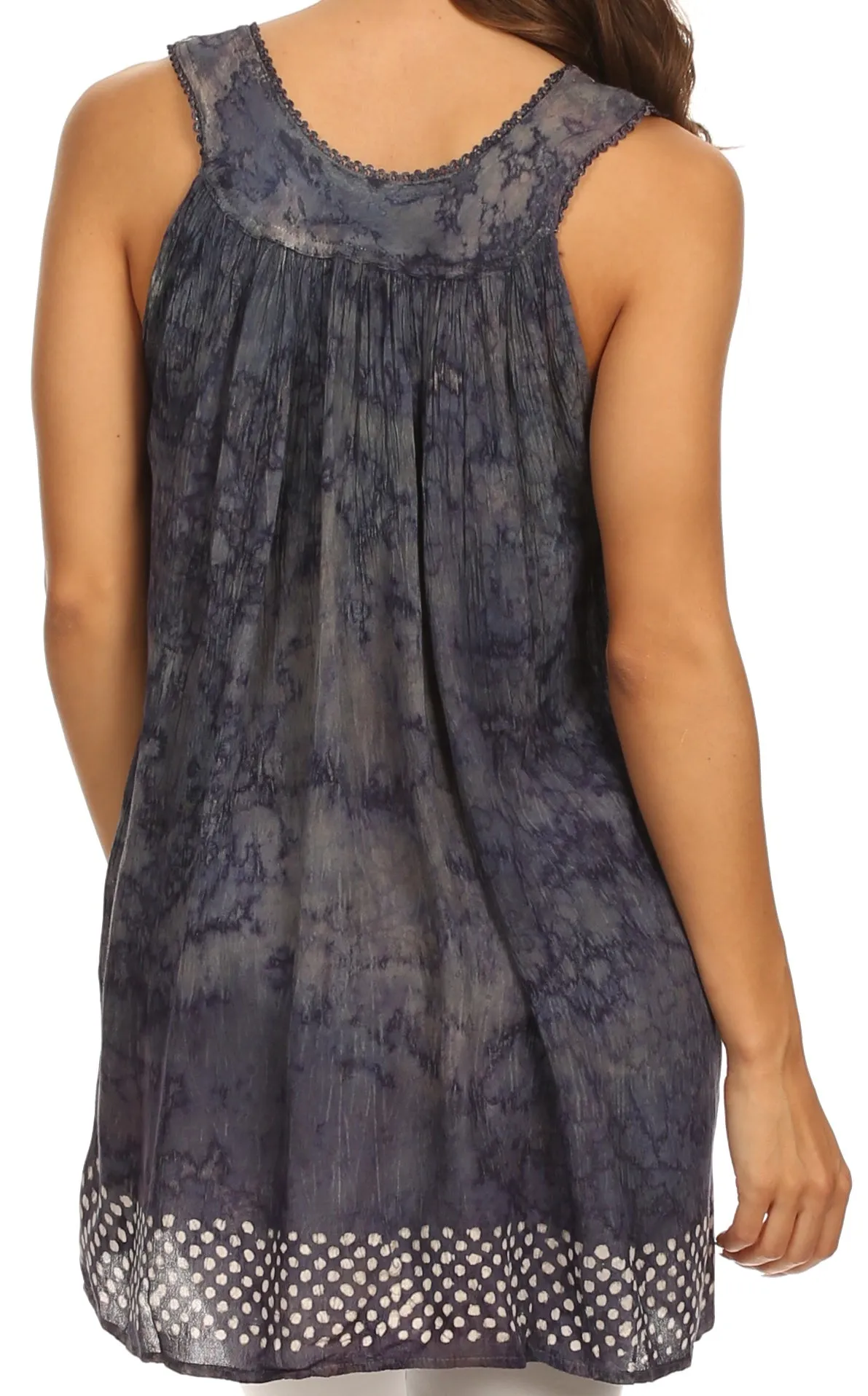 Sakkas Deja Embroidered Batik Scoop Neck Relaxed Fit Sleeveless Blouse