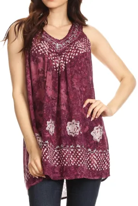 Sakkas Deja Embroidered Batik Scoop Neck Relaxed Fit Sleeveless Blouse