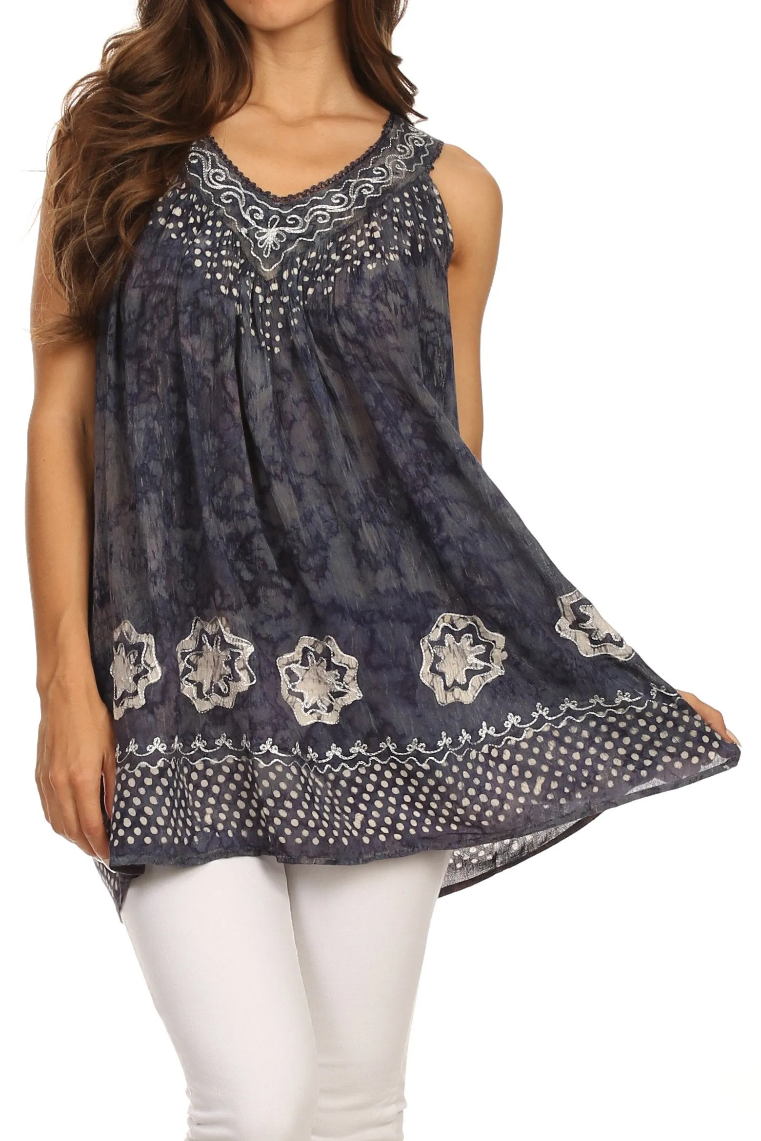 Sakkas Deja Embroidered Batik Scoop Neck Relaxed Fit Sleeveless Blouse