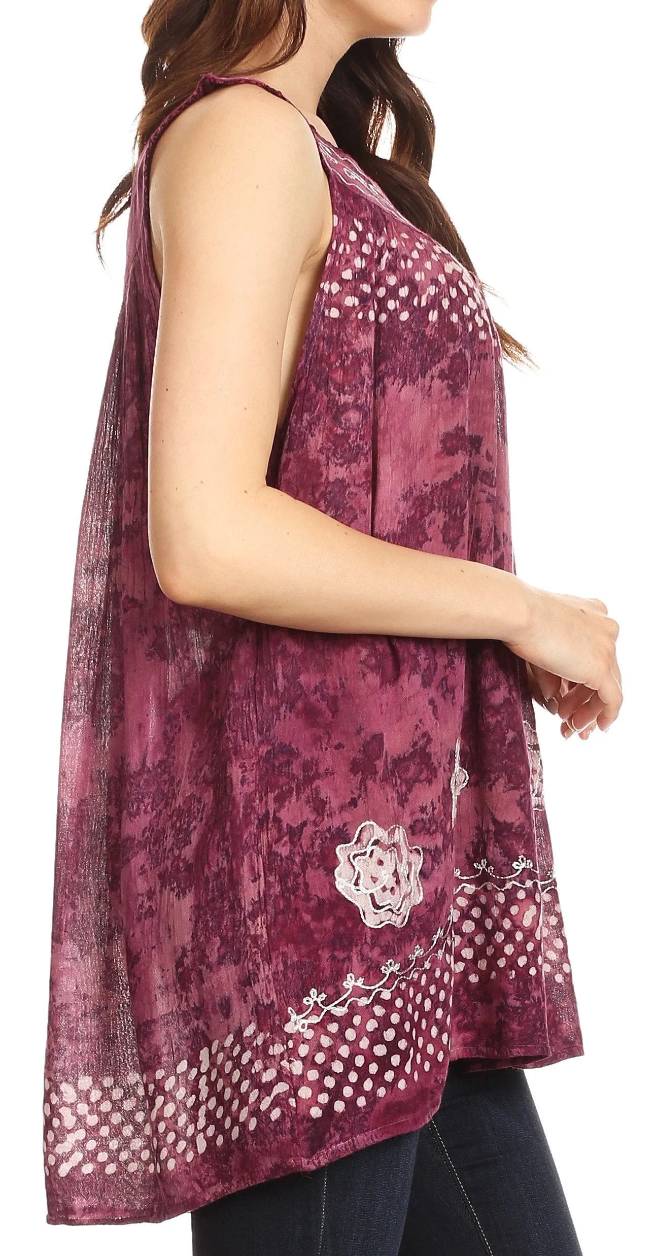 Sakkas Deja Embroidered Batik Scoop Neck Relaxed Fit Sleeveless Blouse